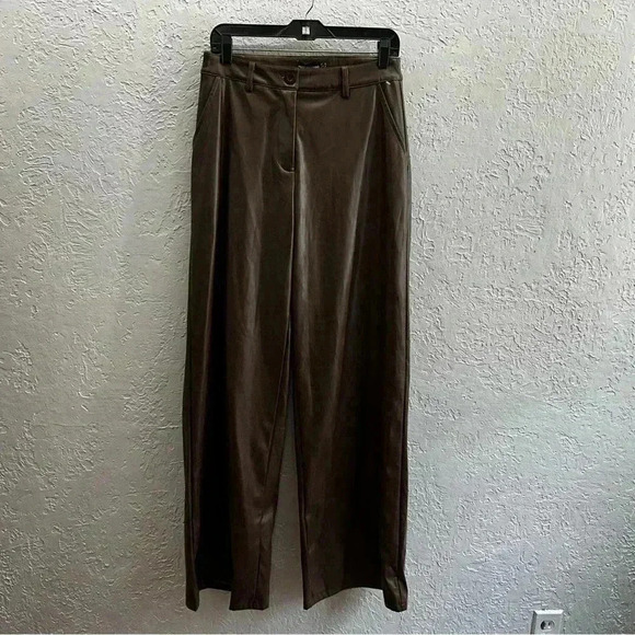 PrettyLittleThing Chocolate PU High Waist Wide Leg Pants Size 6 - Picture 4 of 12